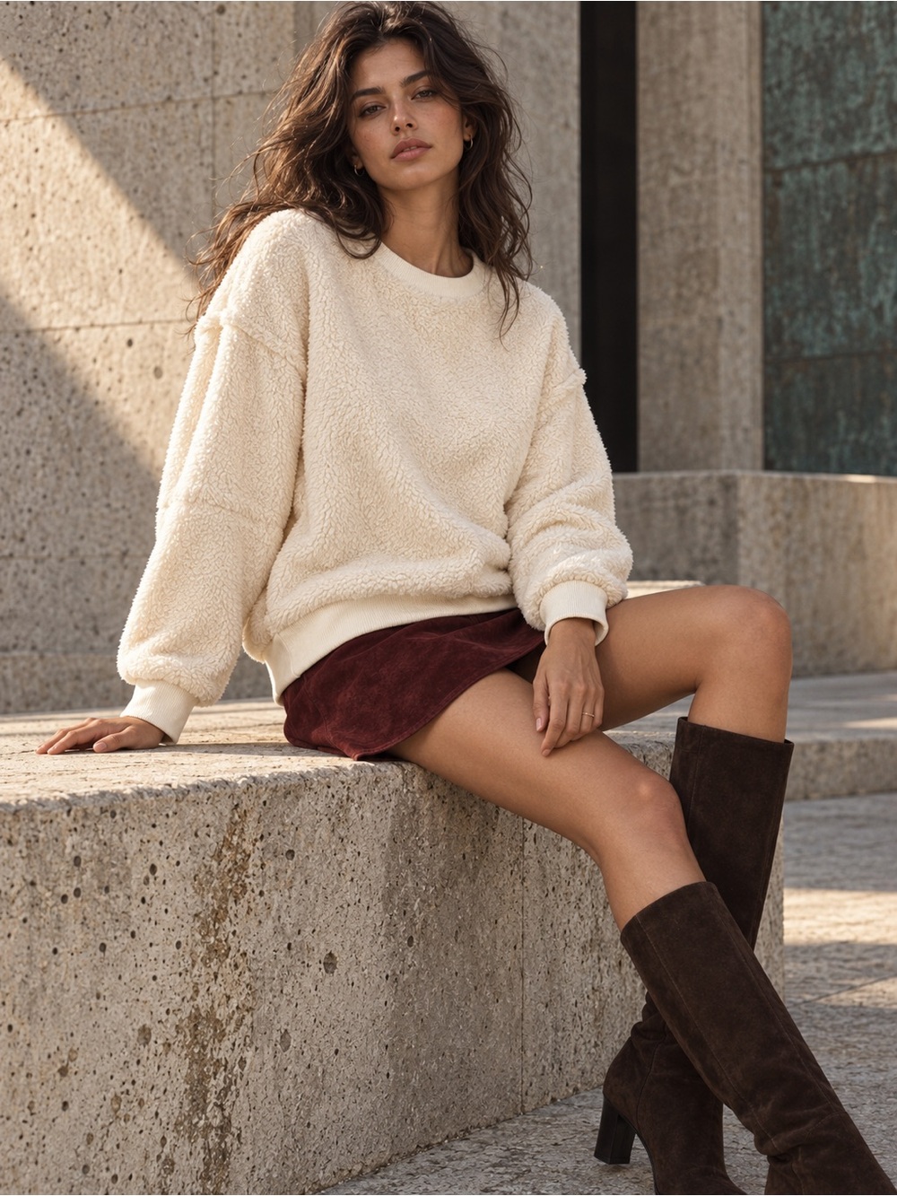 easel Los Angeles NWT Ivory Plush Teddy Fleece Crewneck Pullover, Size S